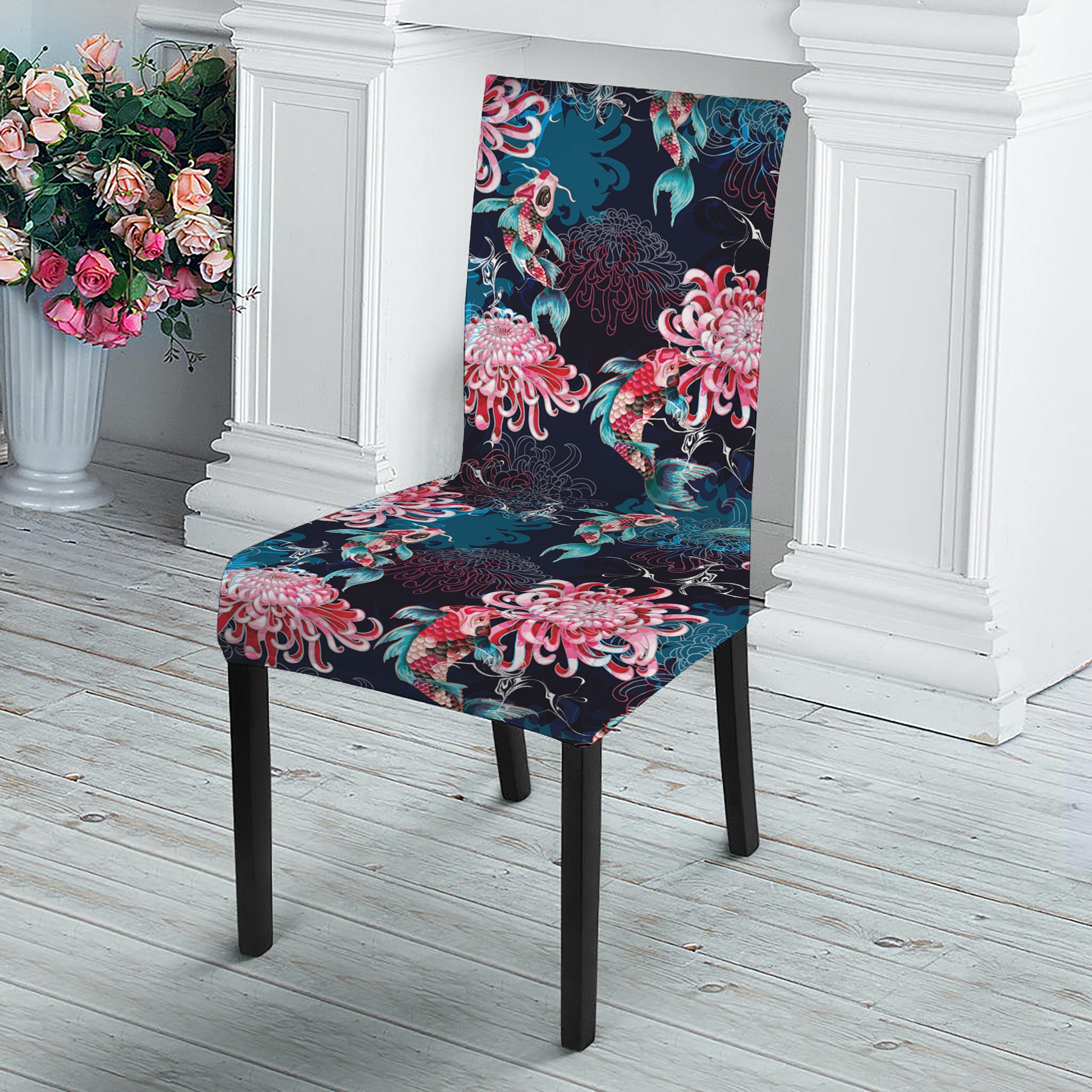 Japanese Koi And Chrysanthemums Print Dining Chair Slipcover
