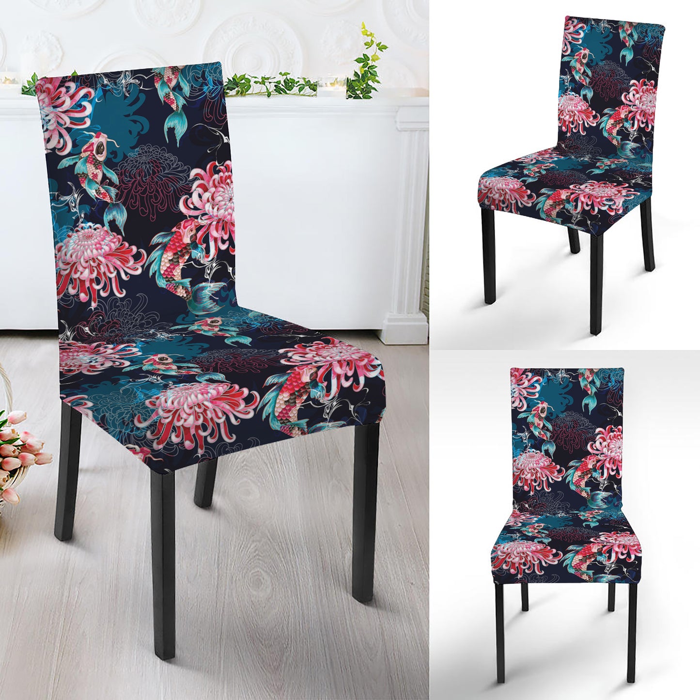 Japanese Koi And Chrysanthemums Print Dining Chair Slipcover
