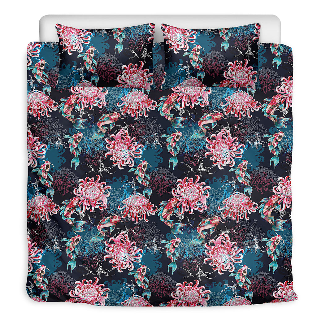 Japanese Koi And Chrysanthemums Print Duvet Cover Bedding Set