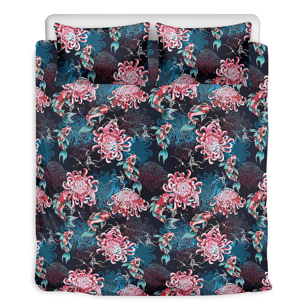 Japanese Koi And Chrysanthemums Print Duvet Cover Bedding Set