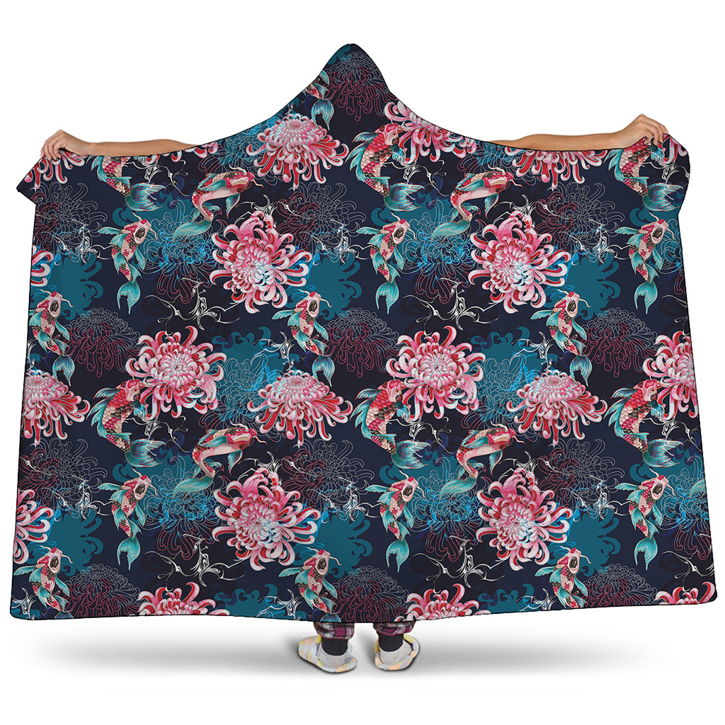 Japanese Koi And Chrysanthemums Print Hooded Blanket