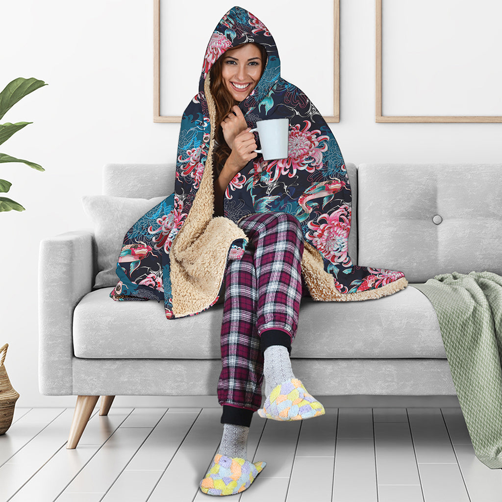 Japanese Koi And Chrysanthemums Print Hooded Blanket