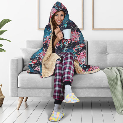 Japanese Koi And Chrysanthemums Print Hooded Blanket