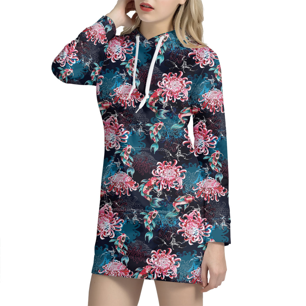 Japanese Koi And Chrysanthemums Print Hoodie Dress