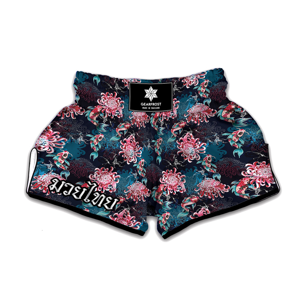 Japanese Koi And Chrysanthemums Print Muay Thai Boxing Shorts