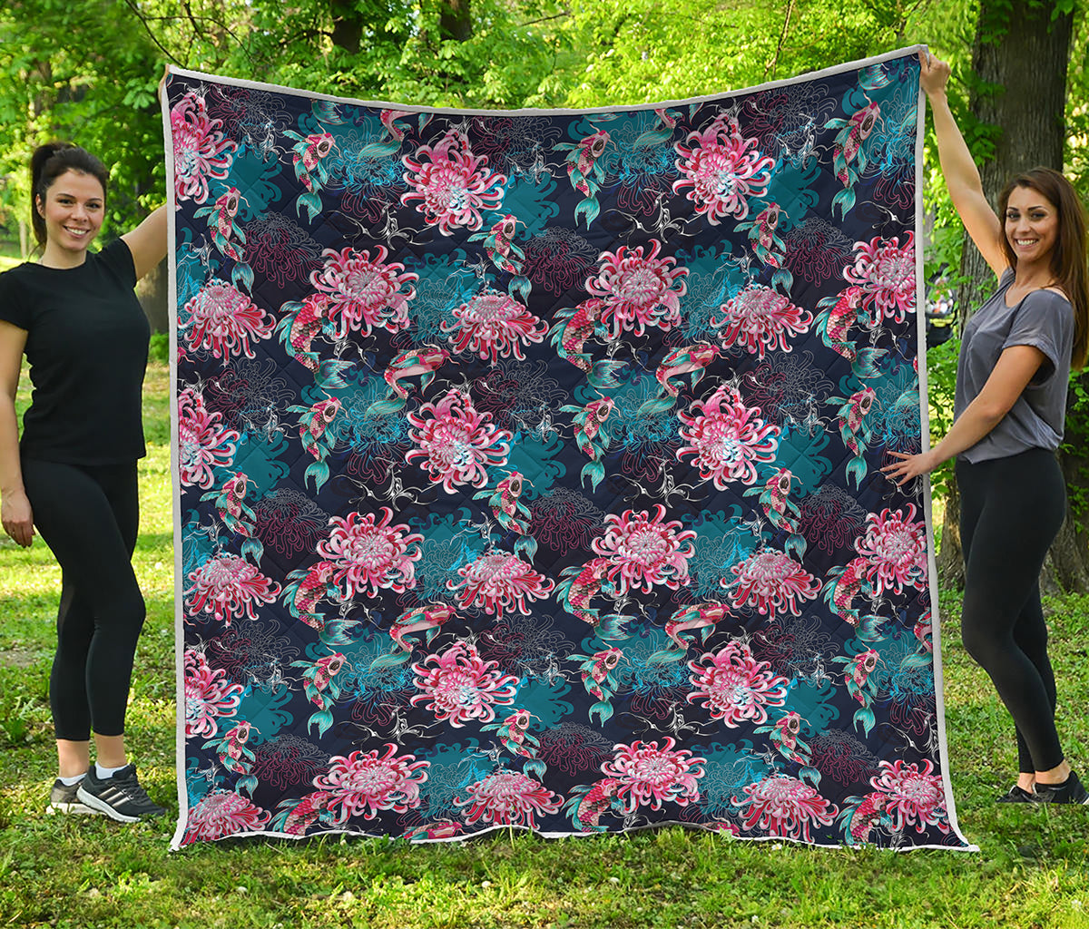 Japanese Koi And Chrysanthemums Print Quilt