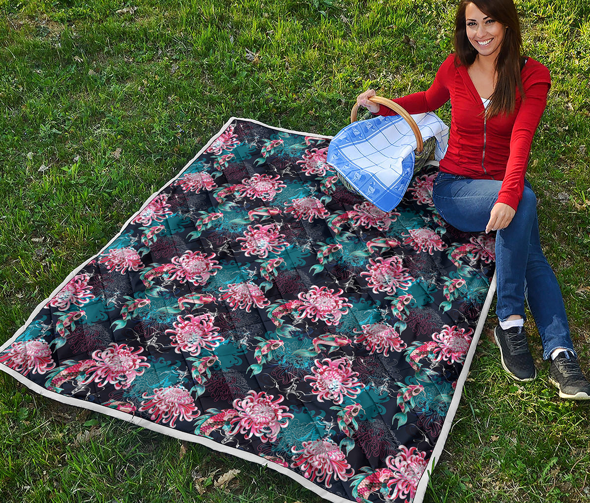 Japanese Koi And Chrysanthemums Print Quilt