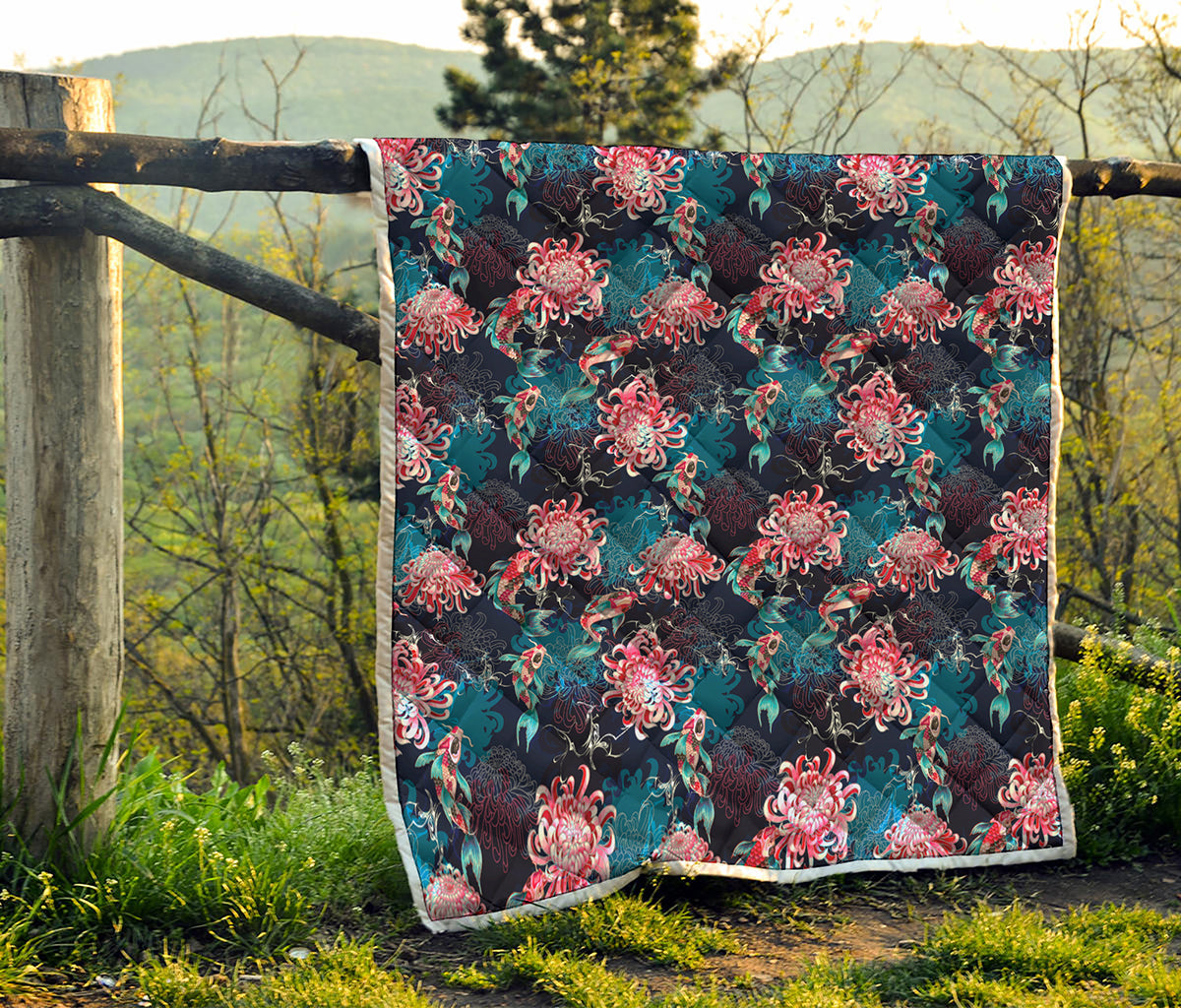 Japanese Koi And Chrysanthemums Print Quilt