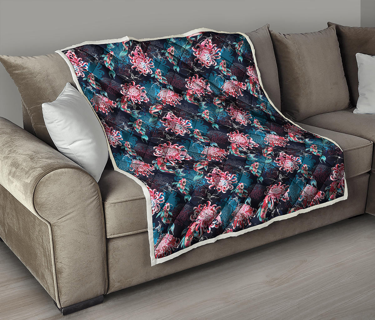 Japanese Koi And Chrysanthemums Print Quilt