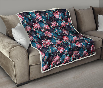 Japanese Koi And Chrysanthemums Print Quilt