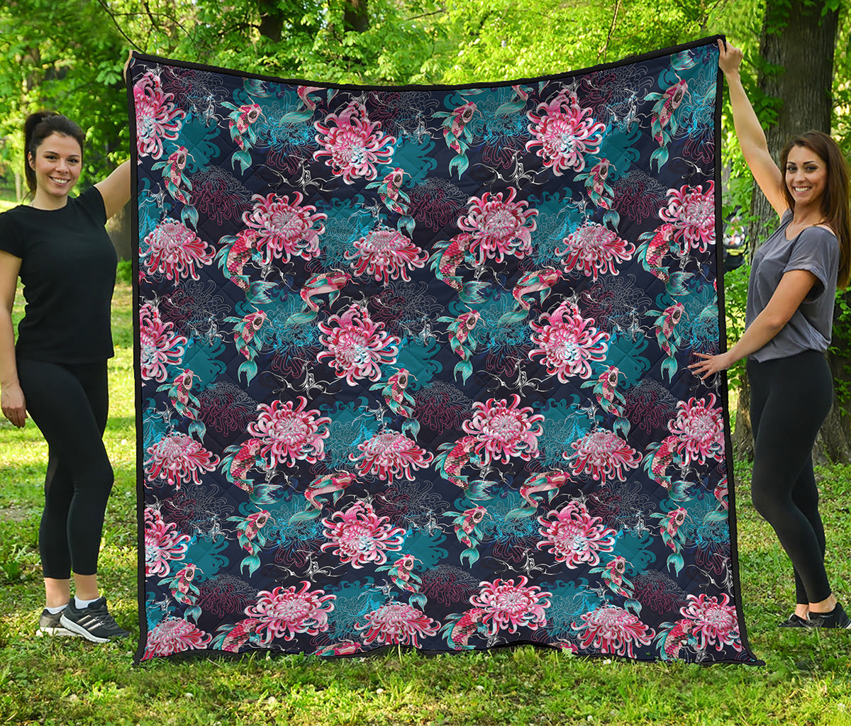 Japanese Koi And Chrysanthemums Print Quilt