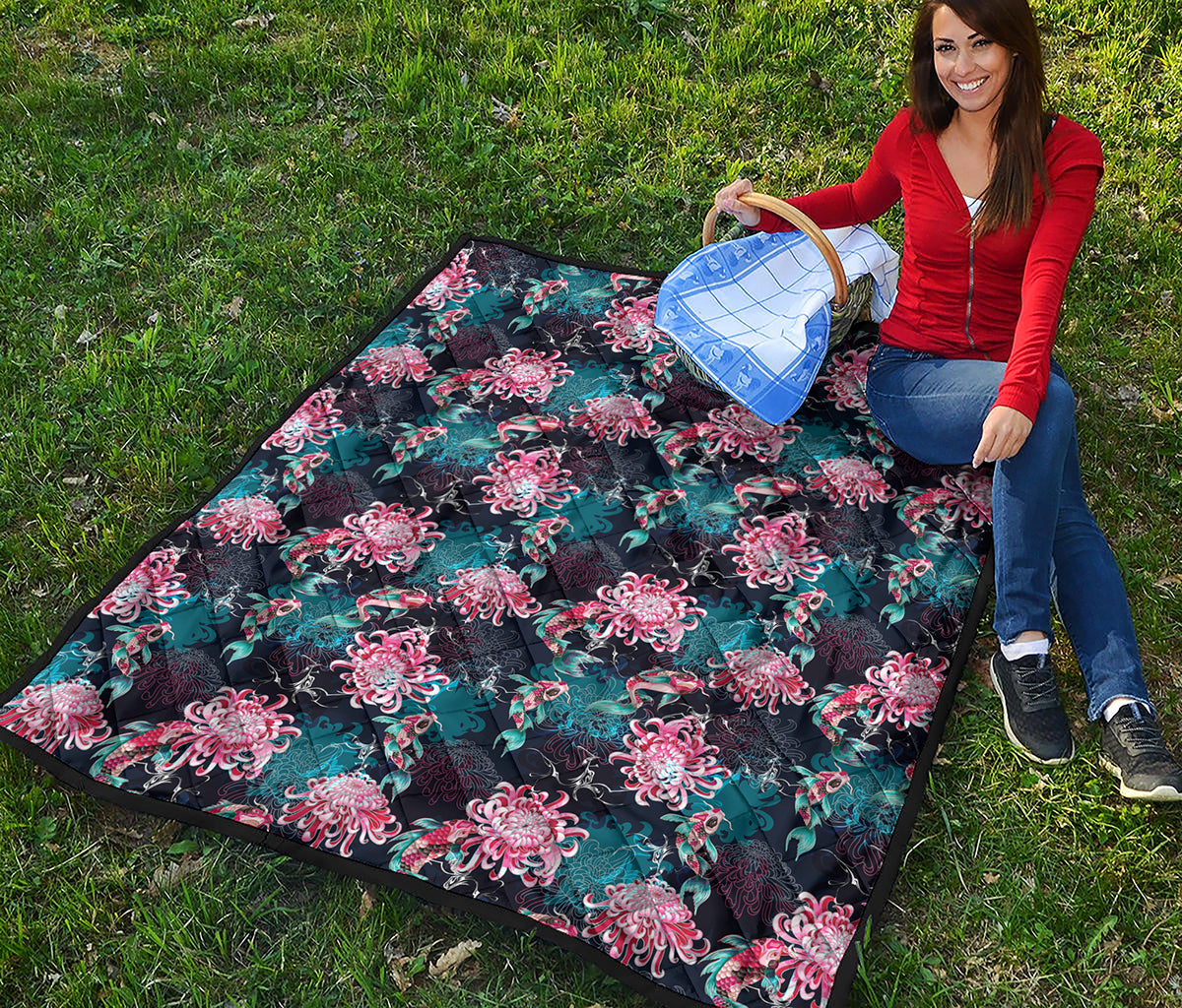 Japanese Koi And Chrysanthemums Print Quilt