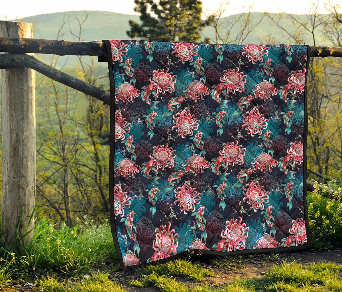 Japanese Koi And Chrysanthemums Print Quilt
