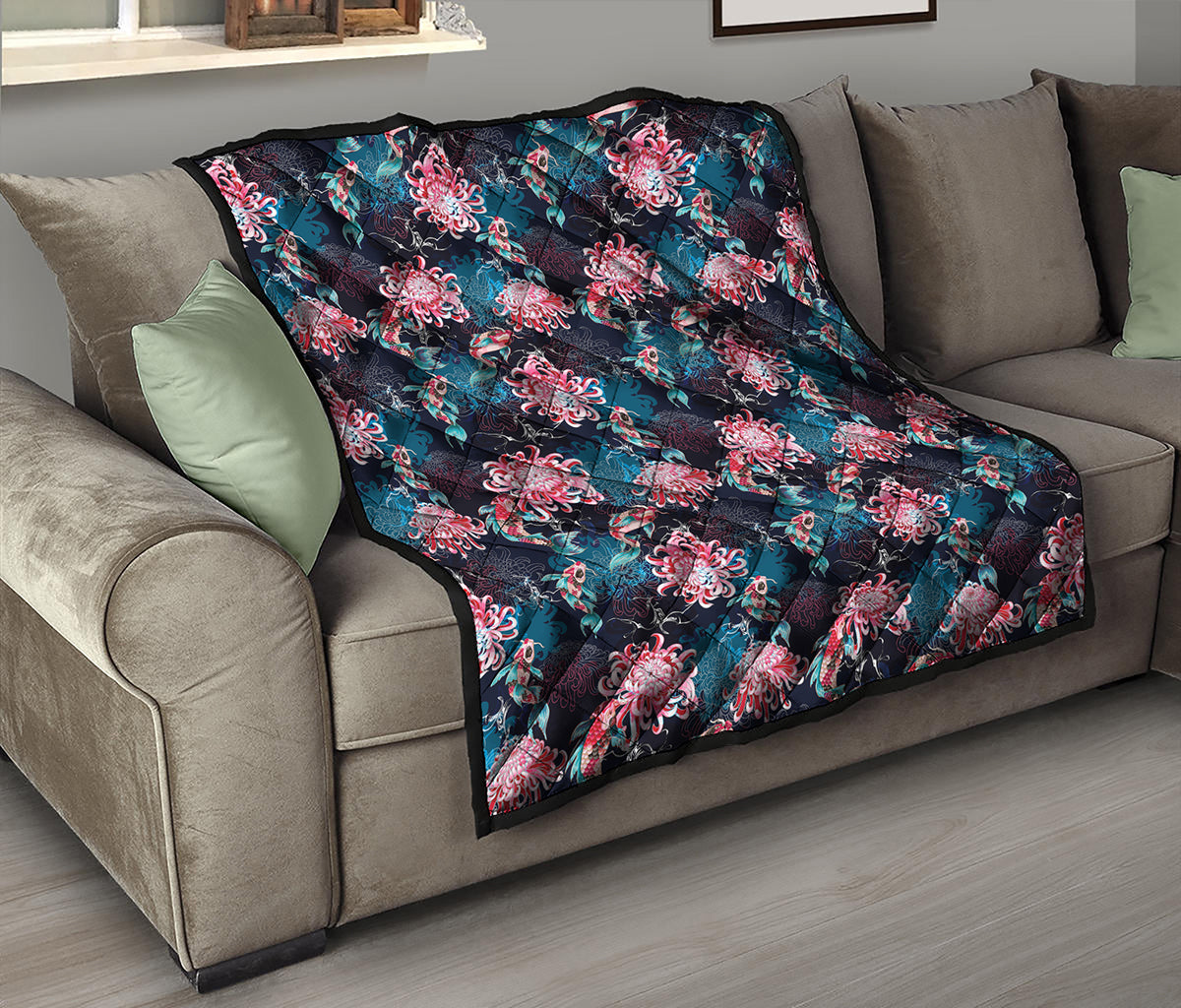 Japanese Koi And Chrysanthemums Print Quilt