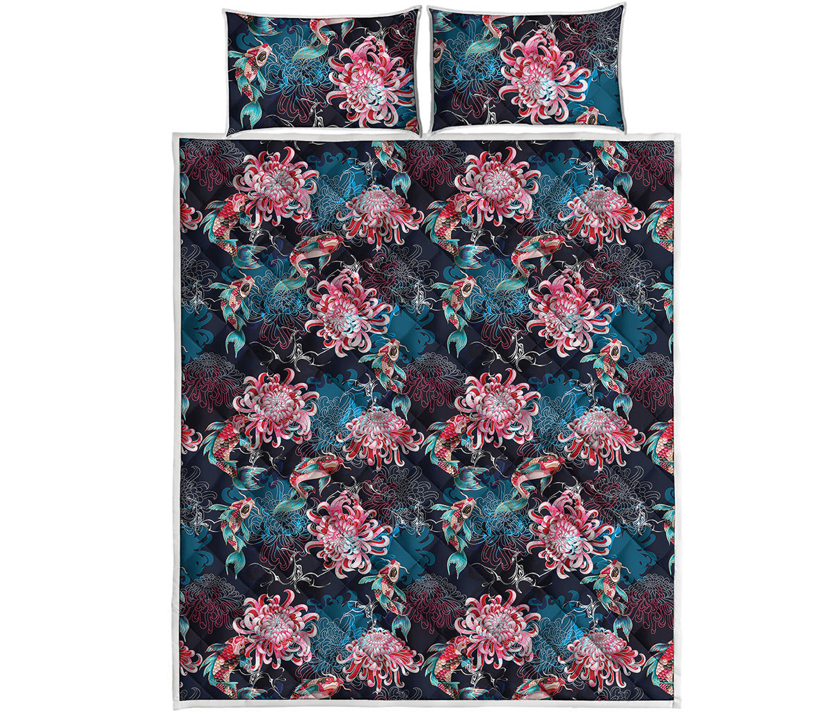 Japanese Koi And Chrysanthemums Print Quilt Bed Set