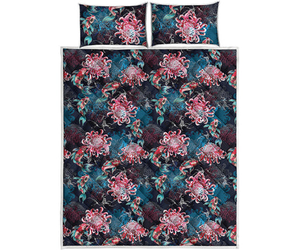 Japanese Koi And Chrysanthemums Print Quilt Bed Set