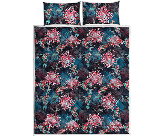 Japanese Koi And Chrysanthemums Print Quilt Bed Set