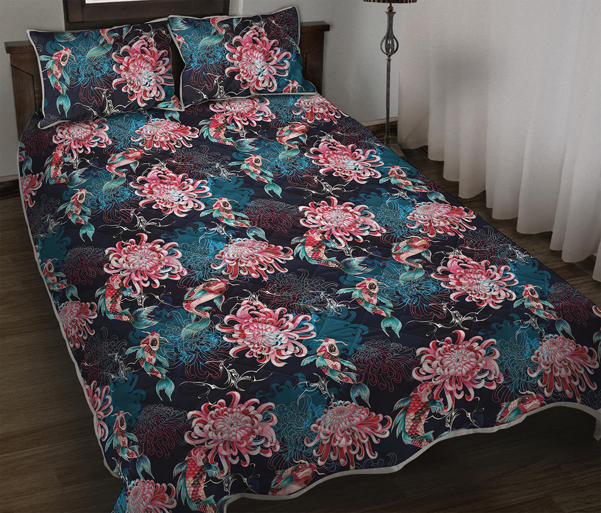 Japanese Koi And Chrysanthemums Print Quilt Bed Set