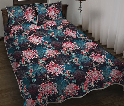 Japanese Koi And Chrysanthemums Print Quilt Bed Set