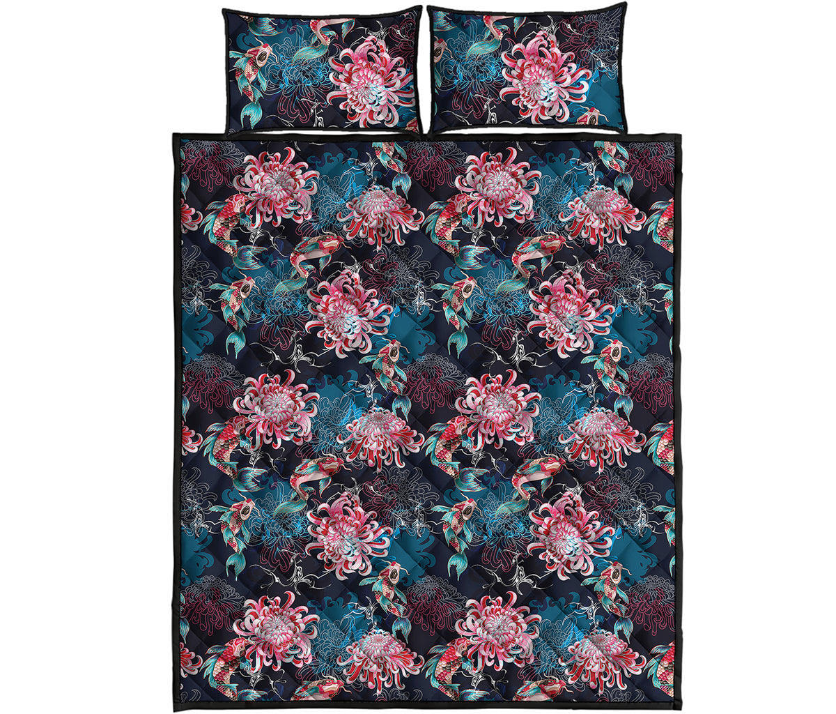Japanese Koi And Chrysanthemums Print Quilt Bed Set