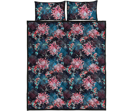 Japanese Koi And Chrysanthemums Print Quilt Bed Set