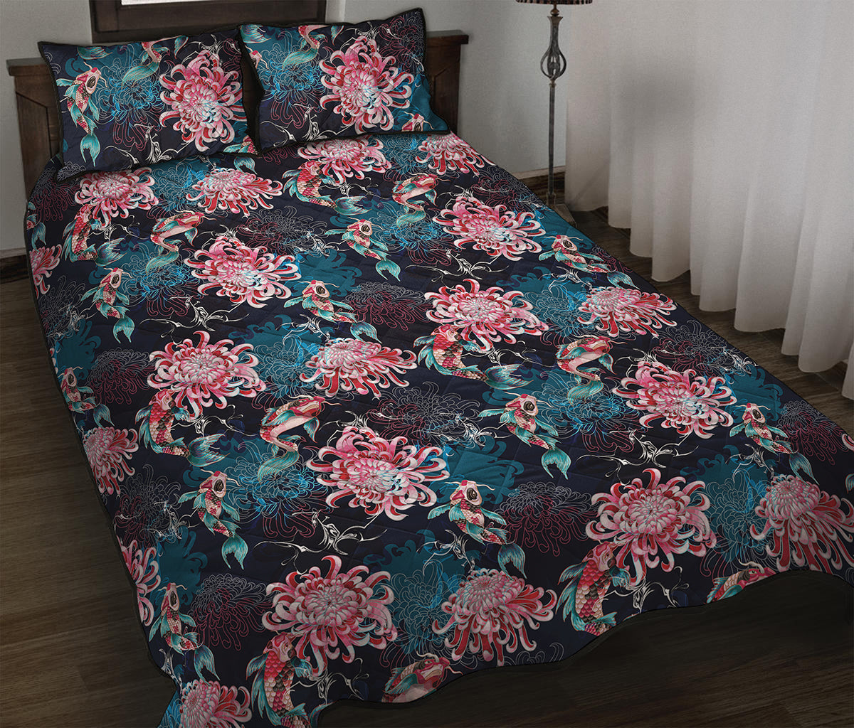 Japanese Koi And Chrysanthemums Print Quilt Bed Set