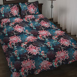 Japanese Koi And Chrysanthemums Print Quilt Bed Set