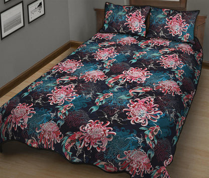 Japanese Koi And Chrysanthemums Print Quilt Bed Set