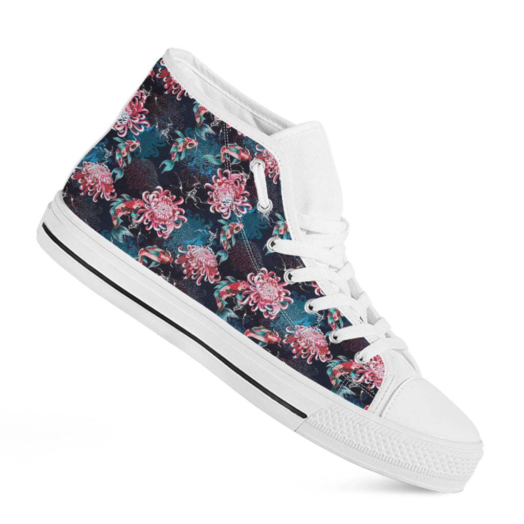 Japanese Koi And Chrysanthemums Print White High Top Shoes