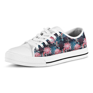 Japanese Koi And Chrysanthemums Print White Low Top Shoes