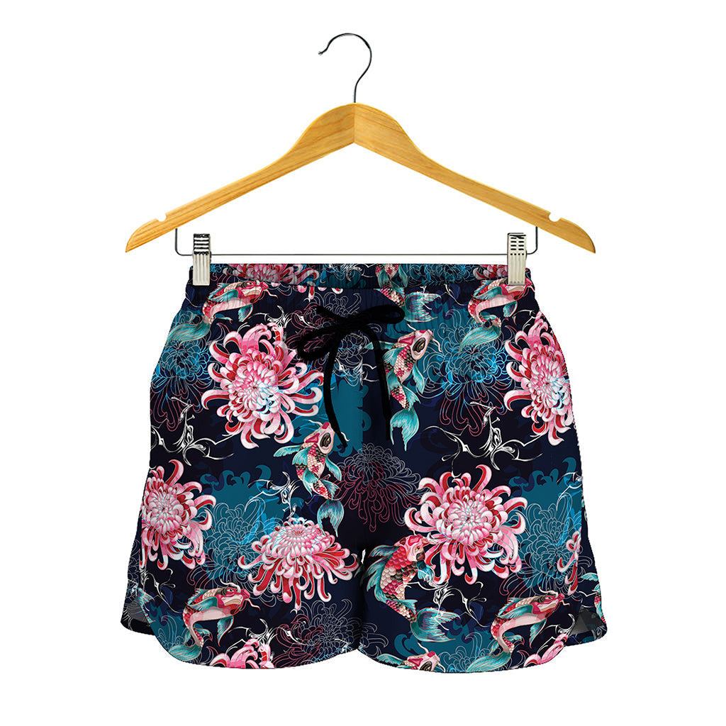 Japanese Koi And Chrysanthemums Print Women's Shorts