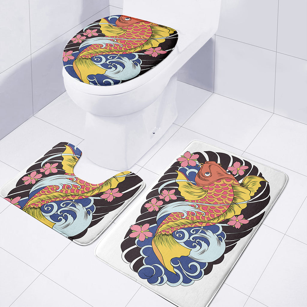 Japanese Koi And Flower Tattoo Print 3 Piece Bath Mat Set