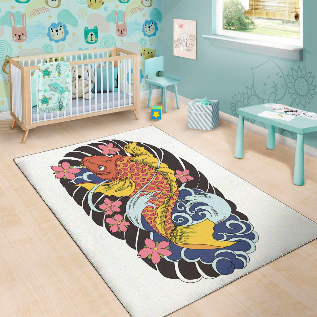 Japanese Koi And Flower Tattoo Print Area Rug