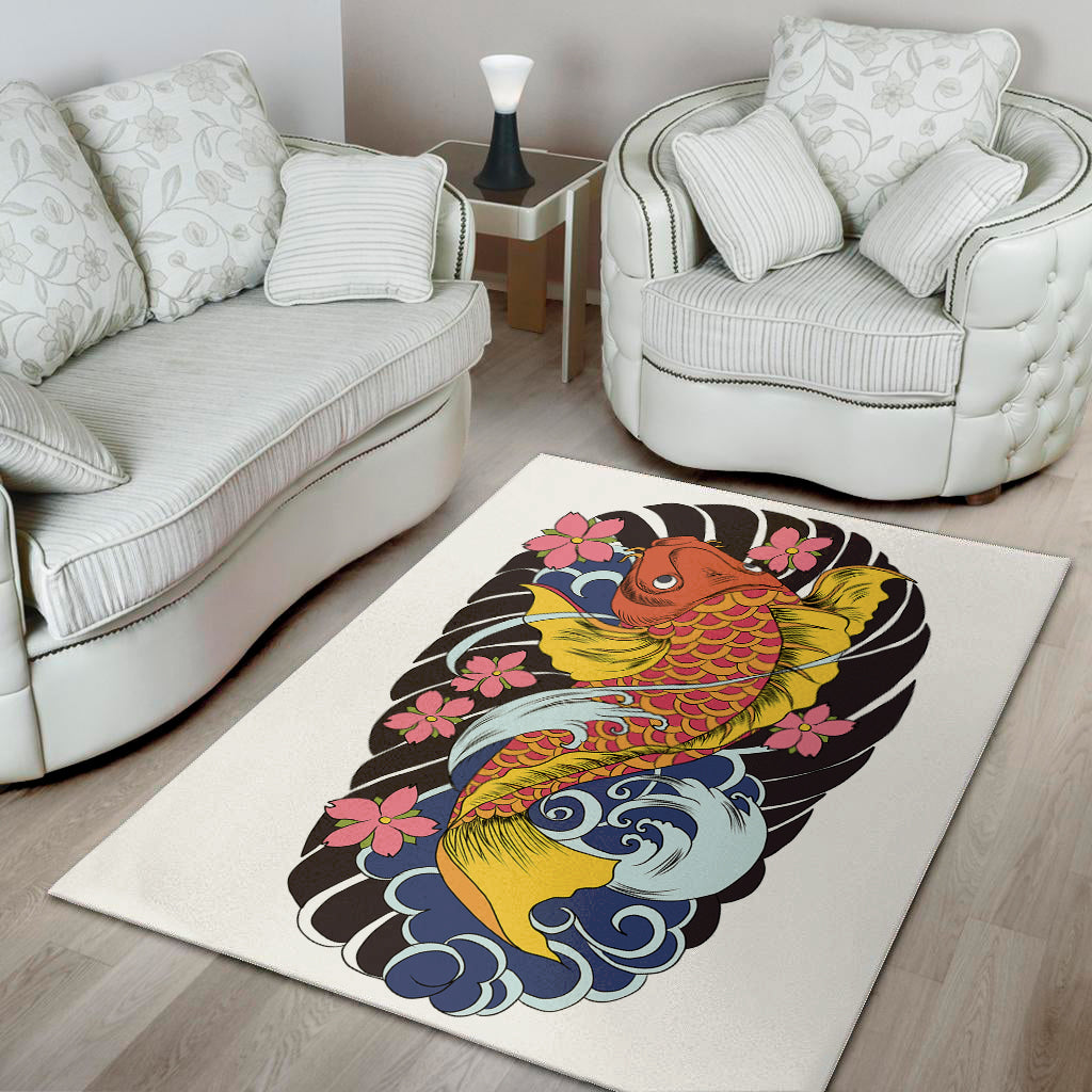 Japanese Koi And Flower Tattoo Print Area Rug