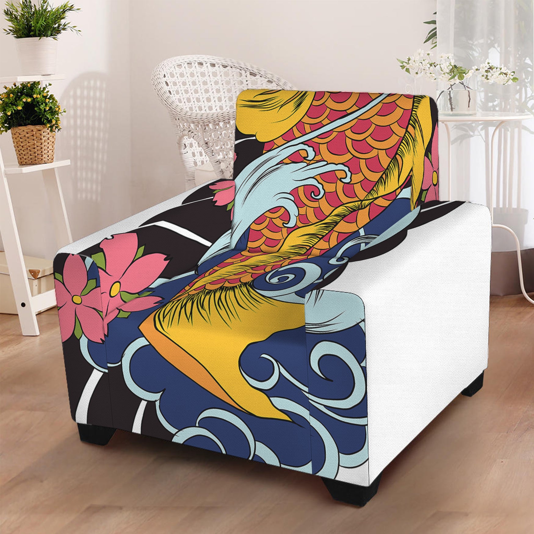 Japanese Koi And Flower Tattoo Print Armchair Slipcover