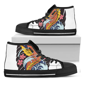 Japanese Koi And Flower Tattoo Print Black High Top Shoes