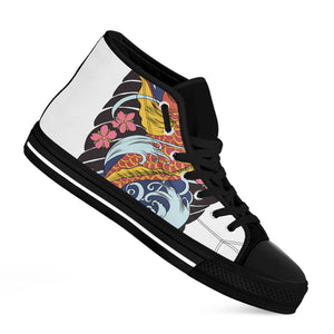 Japanese Koi And Flower Tattoo Print Black High Top Shoes