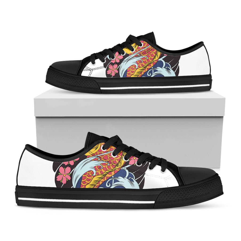 Japanese Koi And Flower Tattoo Print Black Low Top Shoes 