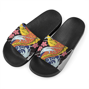 Japanese Koi And Flower Tattoo Print Black Slide Sandals