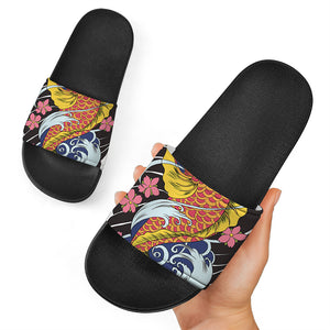 Japanese Koi And Flower Tattoo Print Black Slide Sandals