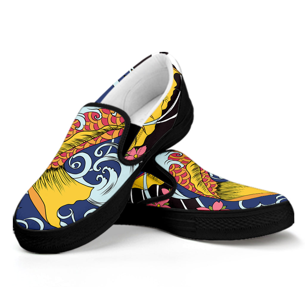 Japanese Koi And Flower Tattoo Print Black Slip On Shoes