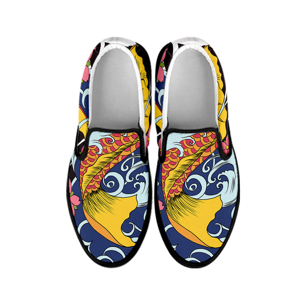 Japanese Koi And Flower Tattoo Print Black Slip On Shoes