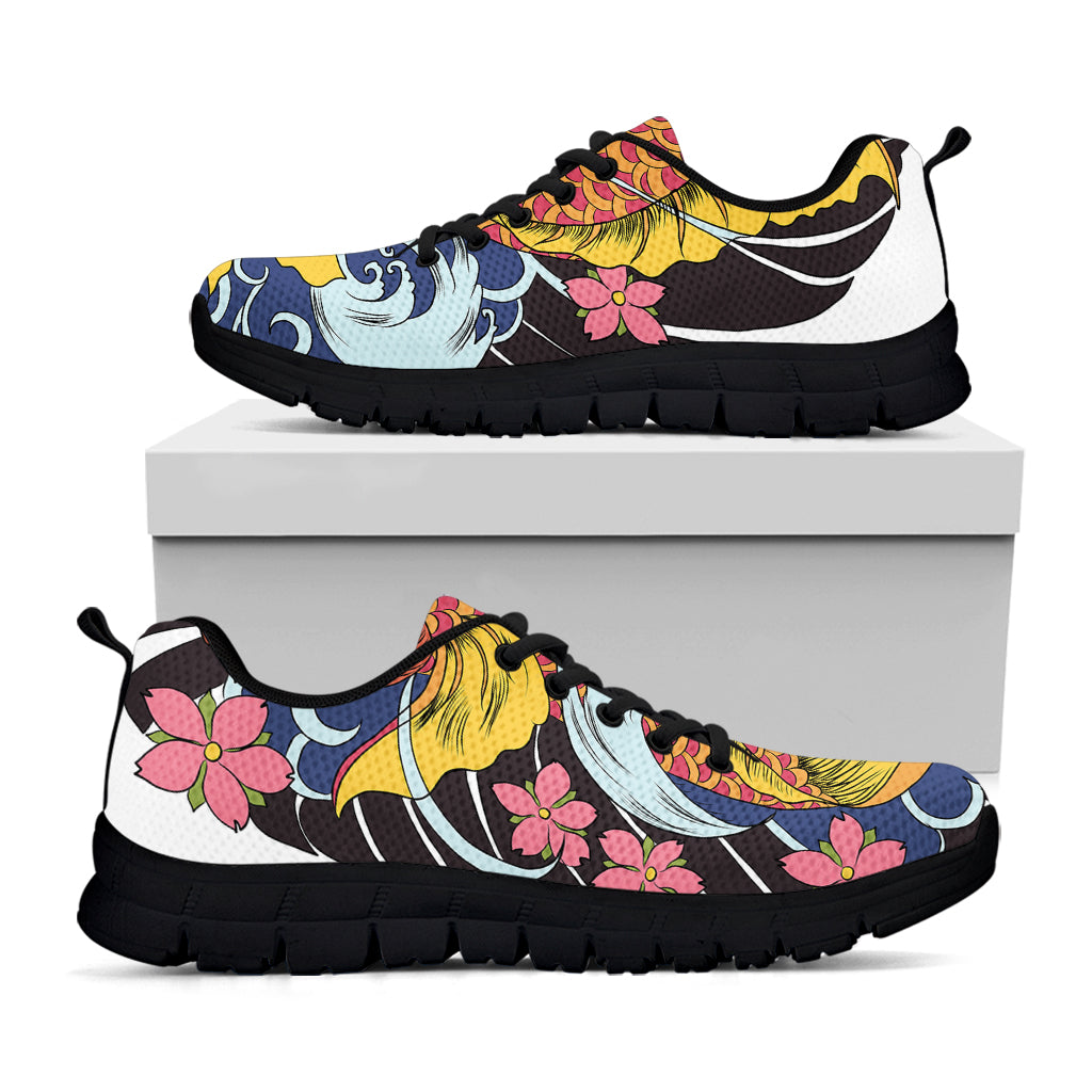 Japanese Koi And Flower Tattoo Print Black Sneakers