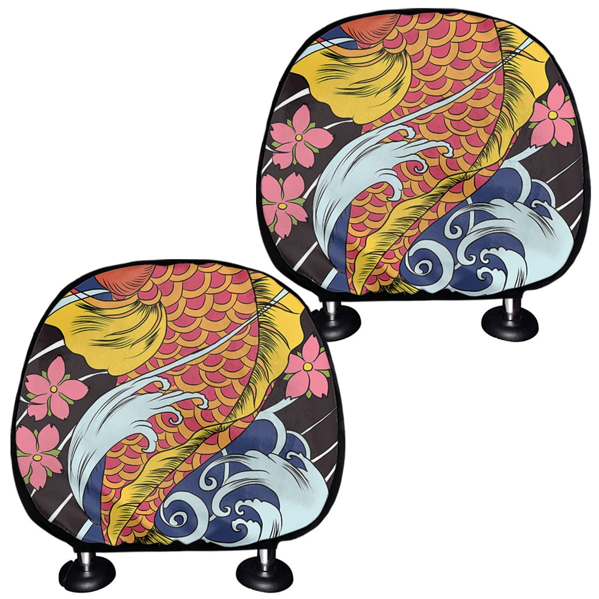 Japanese Koi And Flower Tattoo Print Car Headrest Covers