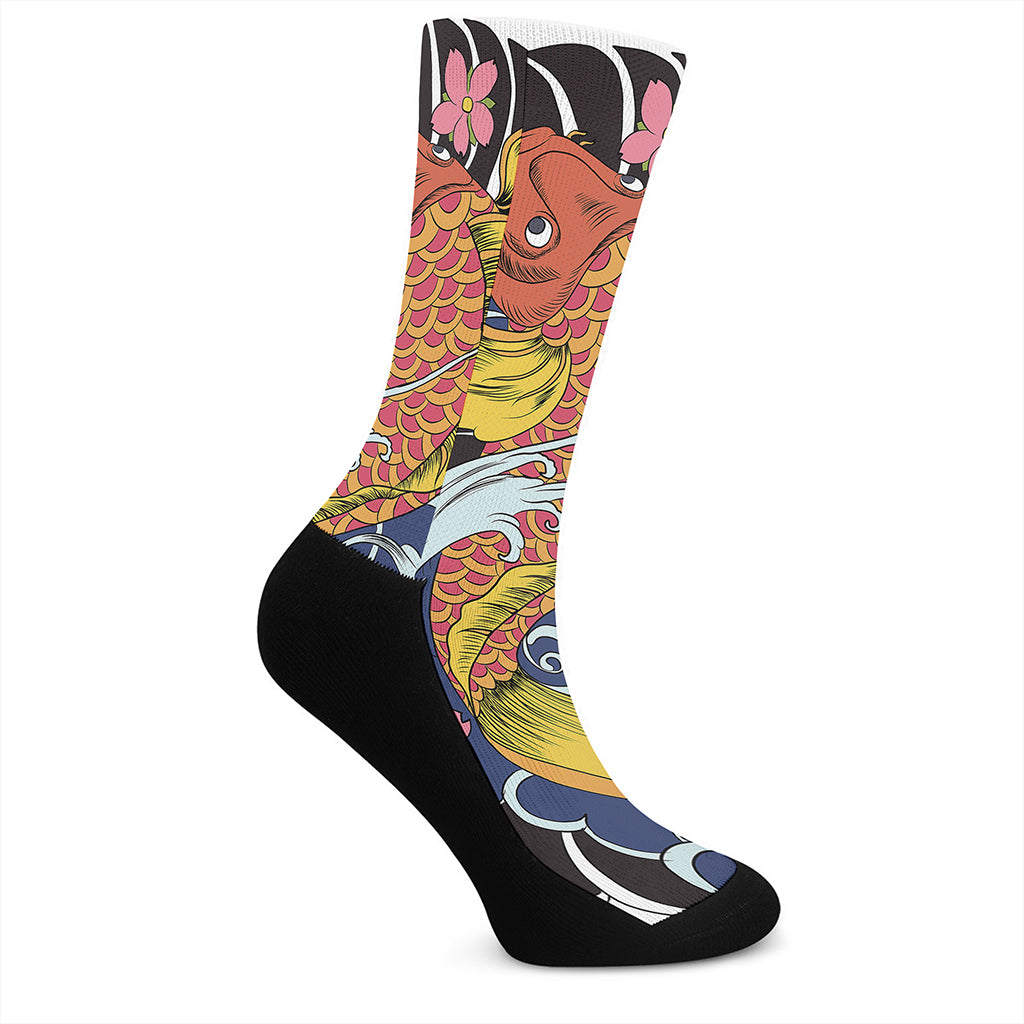 Japanese Koi And Flower Tattoo Print Crew Socks