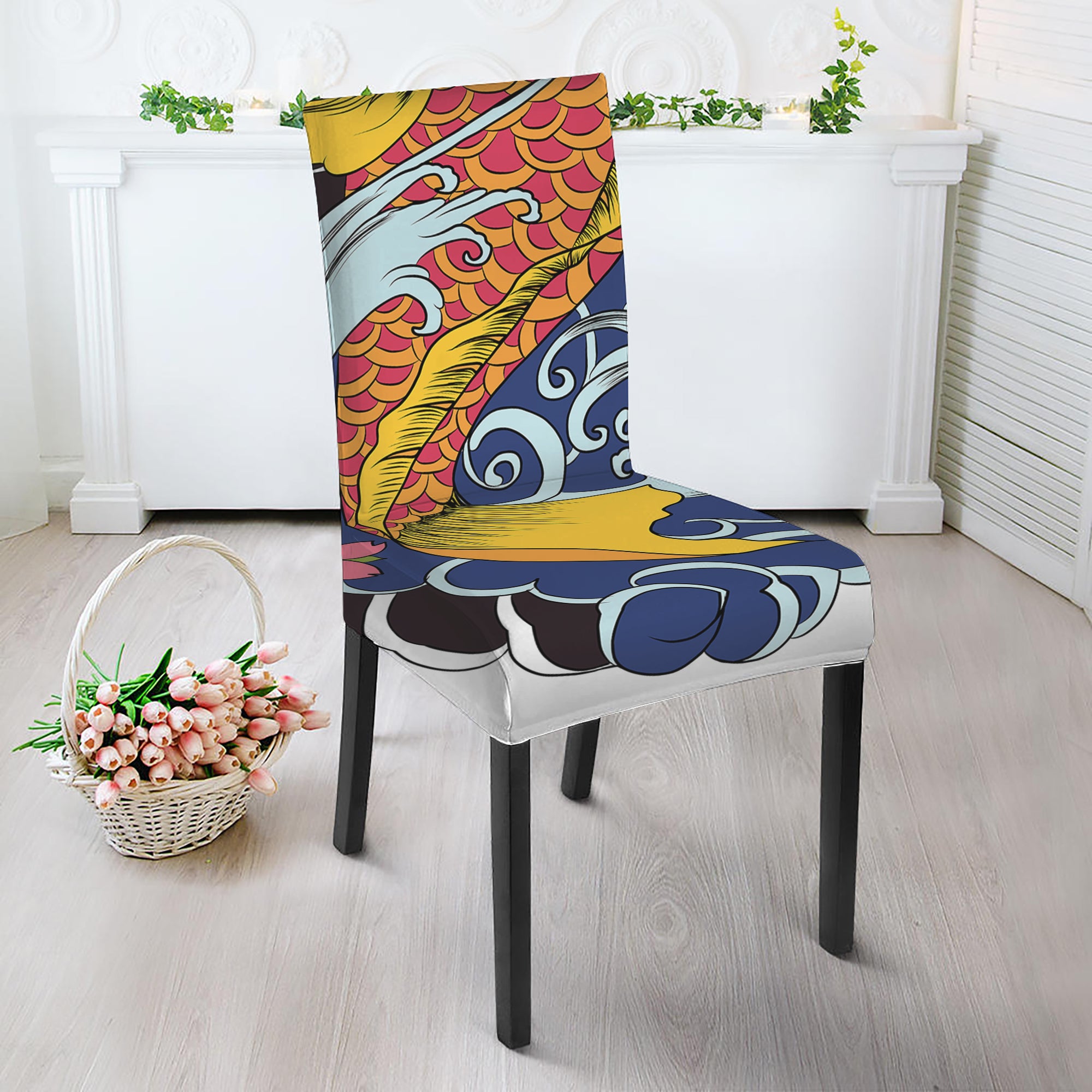 Japanese Koi And Flower Tattoo Print Dining Chair Slipcover