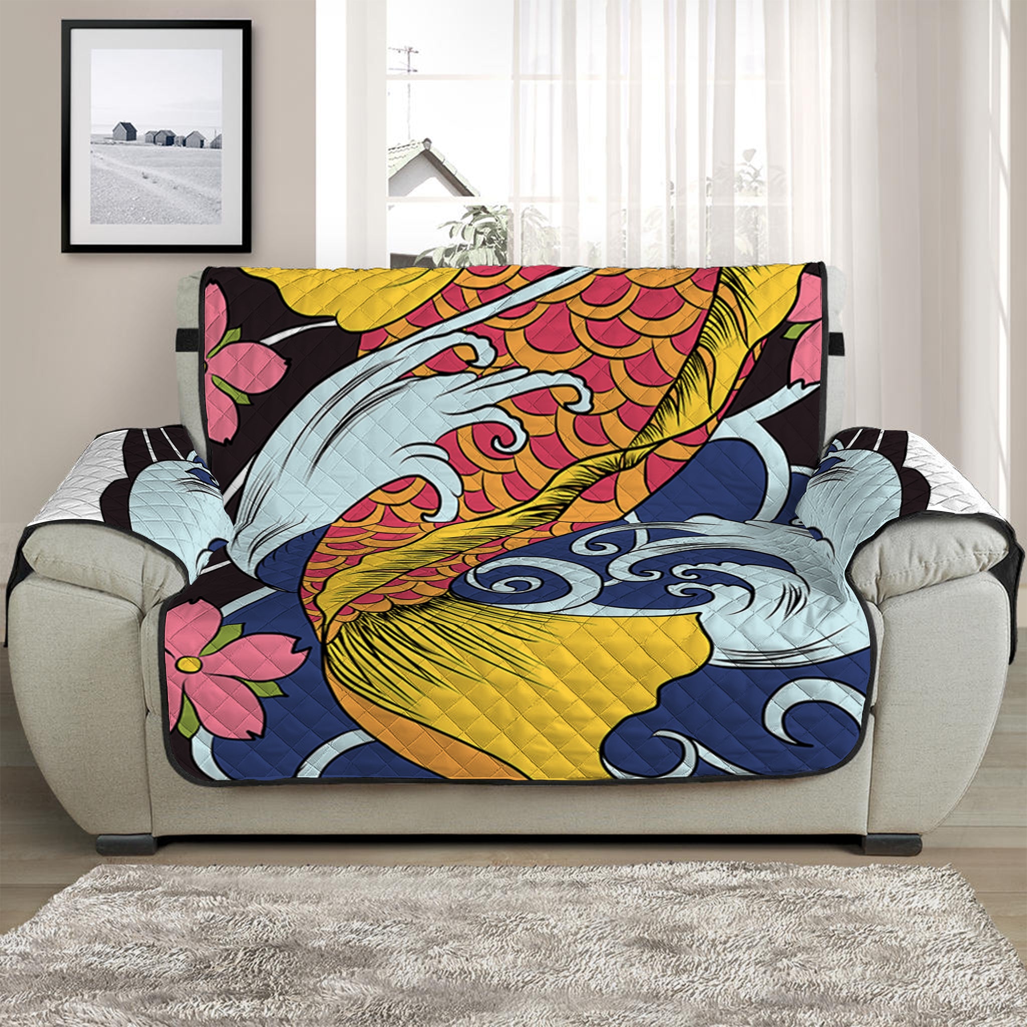 Japanese Koi And Flower Tattoo Print Half Sofa Protector