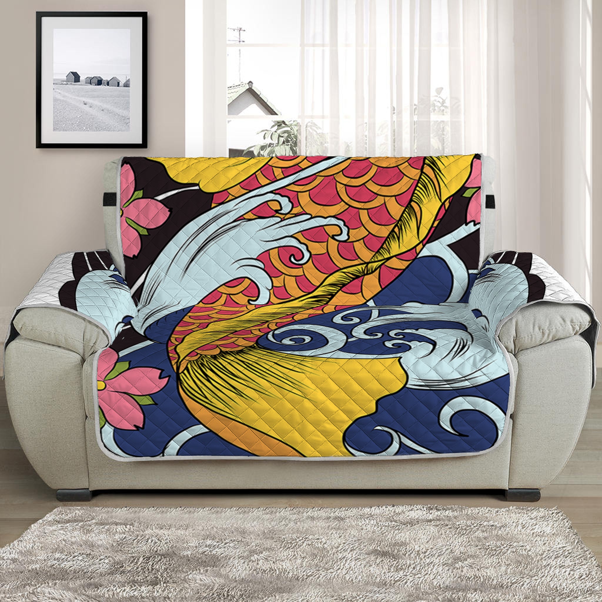 Japanese Koi And Flower Tattoo Print Half Sofa Protector