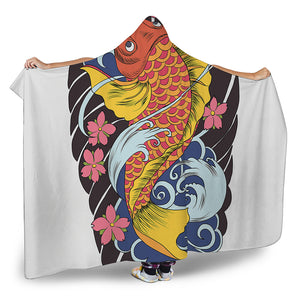 Japanese Koi And Flower Tattoo Print Hooded Blanket