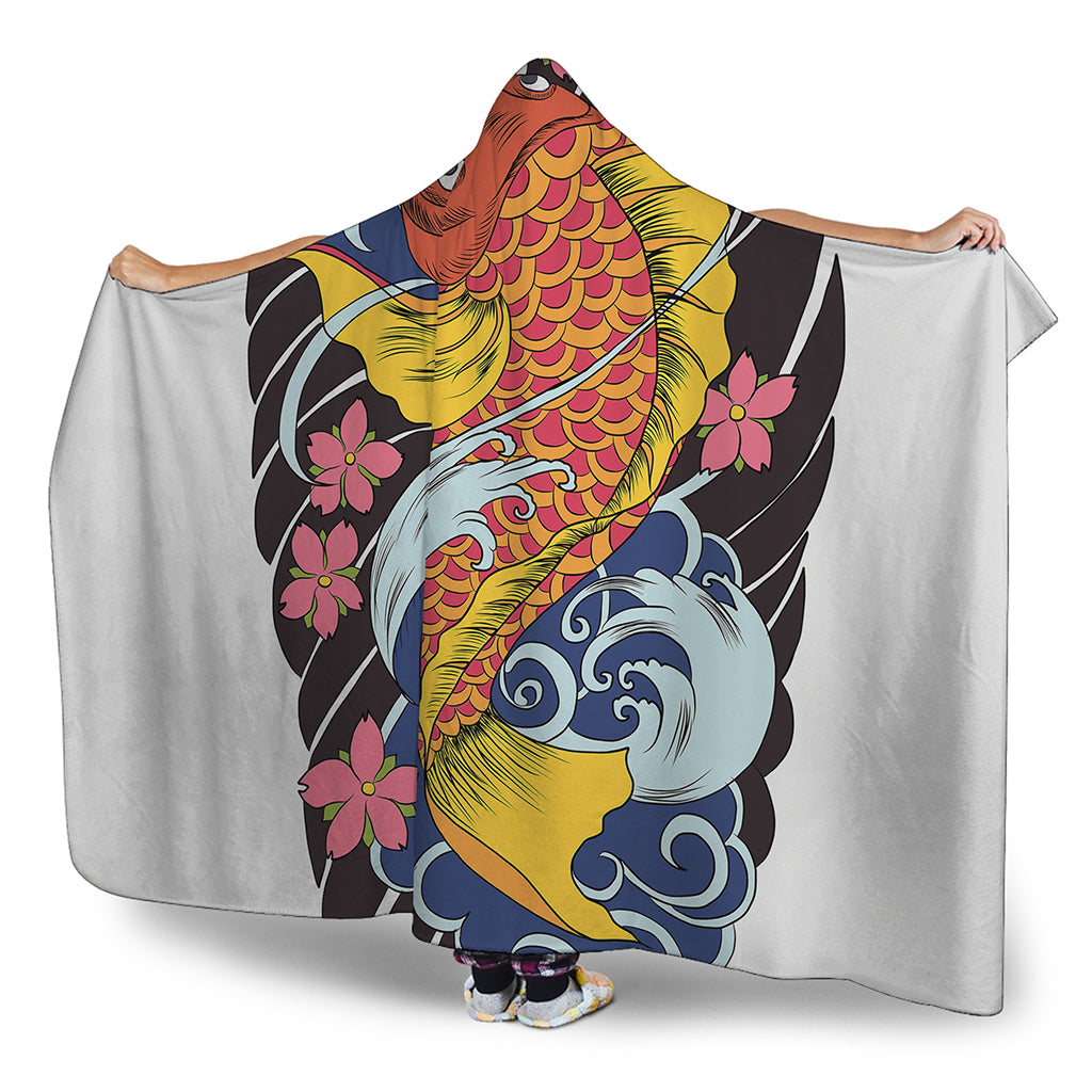 Japanese Koi And Flower Tattoo Print Hooded Blanket